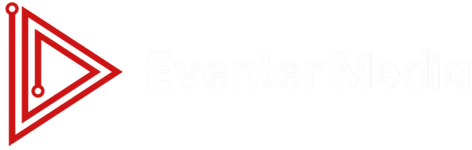 Eventer Media -logo, jossa punainen kolmionmuotoinen nuolikuva vasemmalla valkoisella tekstillä mustalla taustalla.