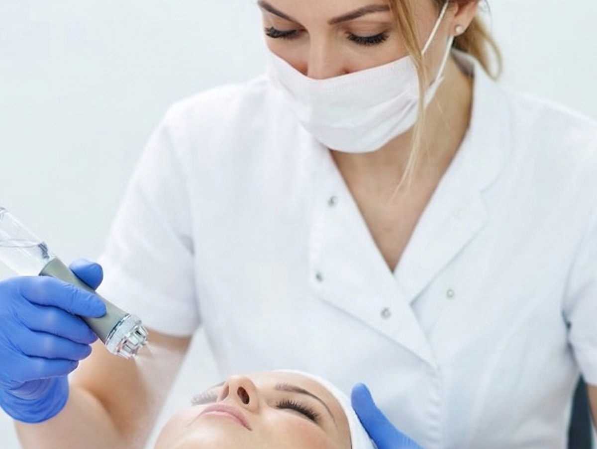 Frau in Schutzmaske behandelt Gesicht einer liegenden Patientin mit medizinischem Gerät.