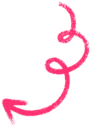 Bright pink curly arrow pointing downward and to the left with a textured, hand-drawn style.