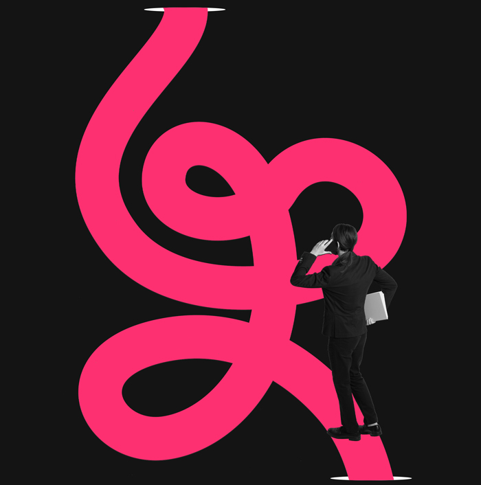 Businessman in a black suit holding a laptop stands on a bright pink, tangled ribbon-like path against a black background, looking ahead while scratching his head, symbolizing confusion or complex decision-making.