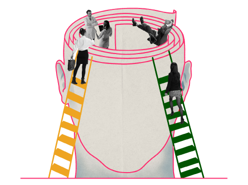 Illustration of a large human head outline viewed from above, with two ladders on either side. Four businesspeople are inside the head, some standing and interacting, others sitting and relaxing on a spiral that represents the brain.