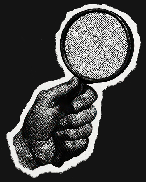 Black and white illustration of a hand holding a magnifying glass with a textured lens on a black background.