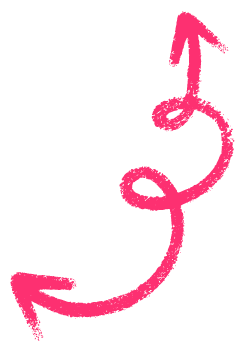 A pink, hand-drawn curved arrow with a loop pointing upward to the right, then curving downward and ending with an arrowhead pointing left.