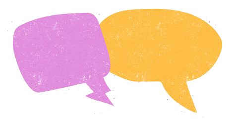 Two overlapping speech bubbles, one purple with a rectangular shape and one orange with an oval shape, on a textured light background.
