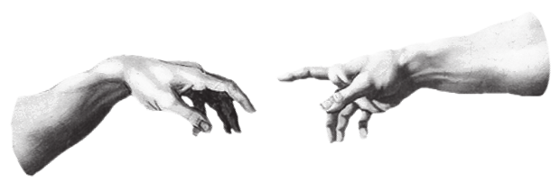 Black and white sketch of two outstretched hands reaching towards each other with fingers almost touching.