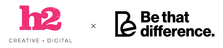 Logo featuring bold pink text 'h2' on the left and black text 'BDT' on the right, separated by a small black 'x', with the words 'CREATIVE DIGITAL' below the 'h2' in smaller black font and a pink dot between the words.