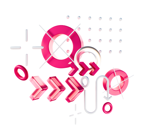 3D abstract design with pink and white circular shapes, arrows, and dotted patterns on a black background.
