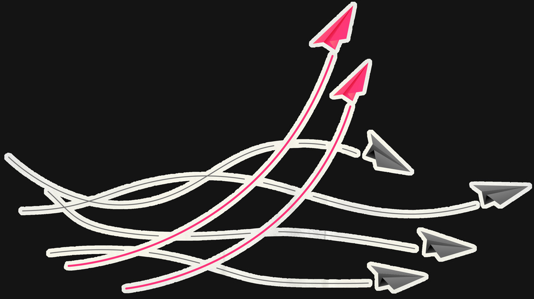 Illustration of five paper airplanes flying on curved paths, three gray planes flying straight or slightly curved, and two red planes sharply curving upward, symbolizing change or new direction.