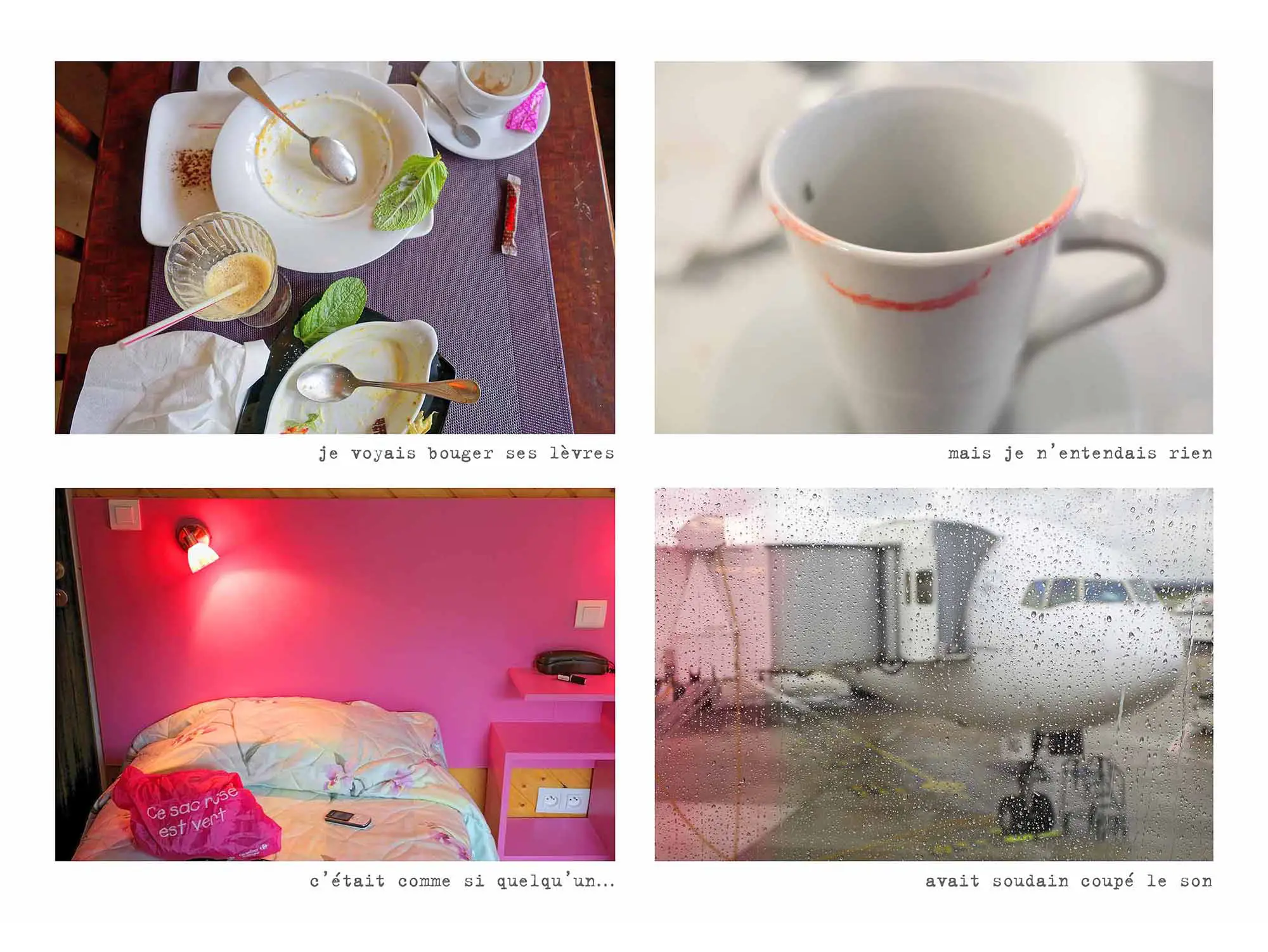 Quatre images avec texte: Nu sur lit, oreillers en désordre, table café et chaise, repas avec côtelettes.