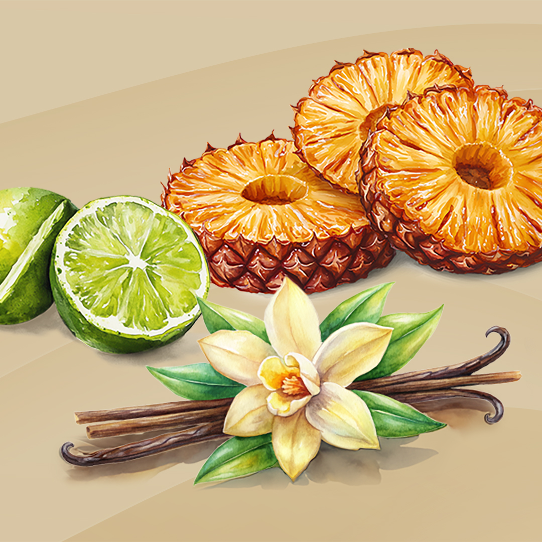 Grilled pineapple
Lime zest
Vanilla