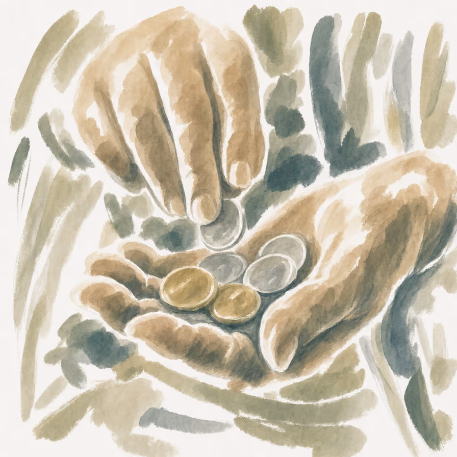 Hands holding and counting mixed gold and silver coins in a watercolor-style illustration.
