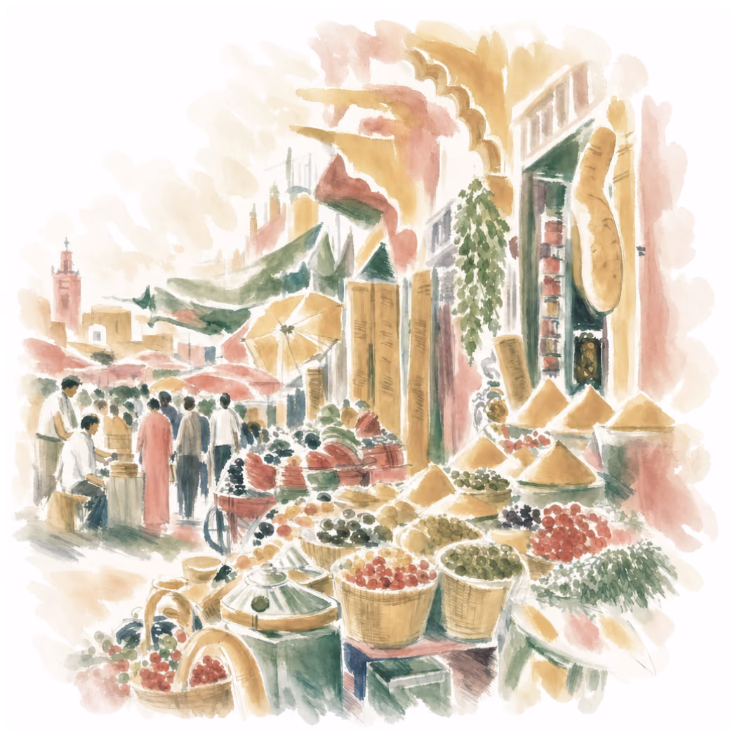 Busy market street with baskets of spices, pottery, and people browsing under umbrellas and awnings.