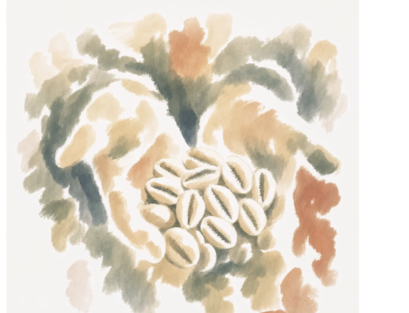 Watercolor painting of hands holding a handful of coffee beans against a blurred background.
