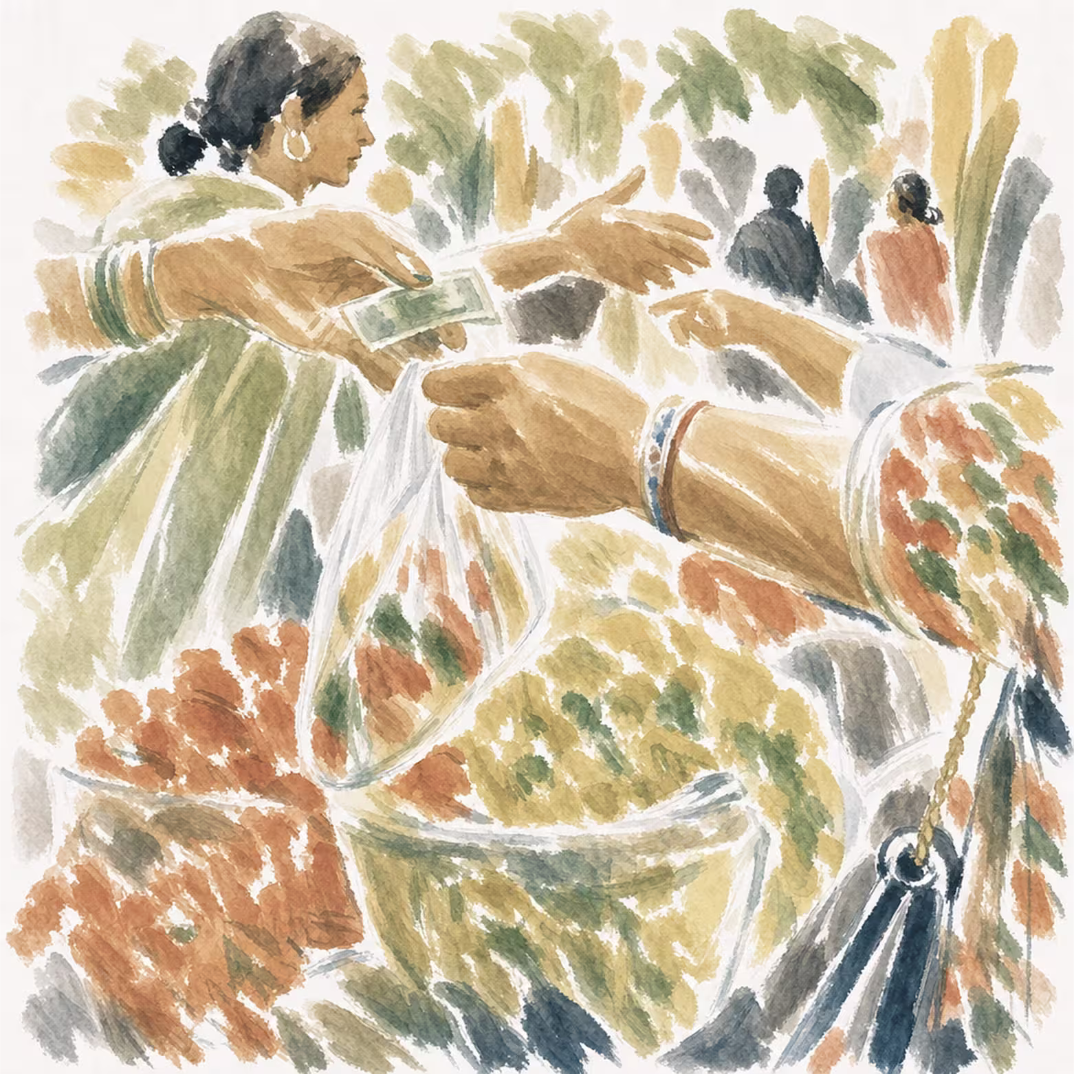 Watercolor painting of hands holding several coffee beans against a blurred background.