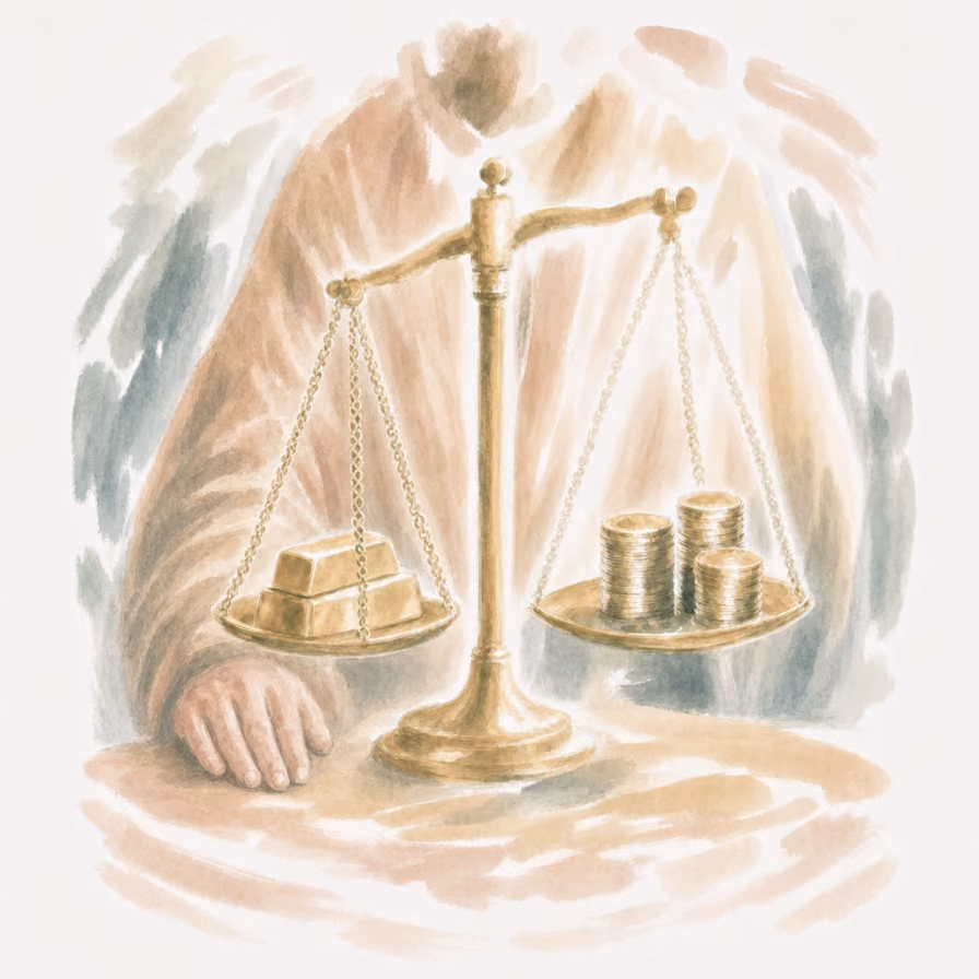 Watercolor painting of a golden balance scale holding gold bars on left and silver coins on right.