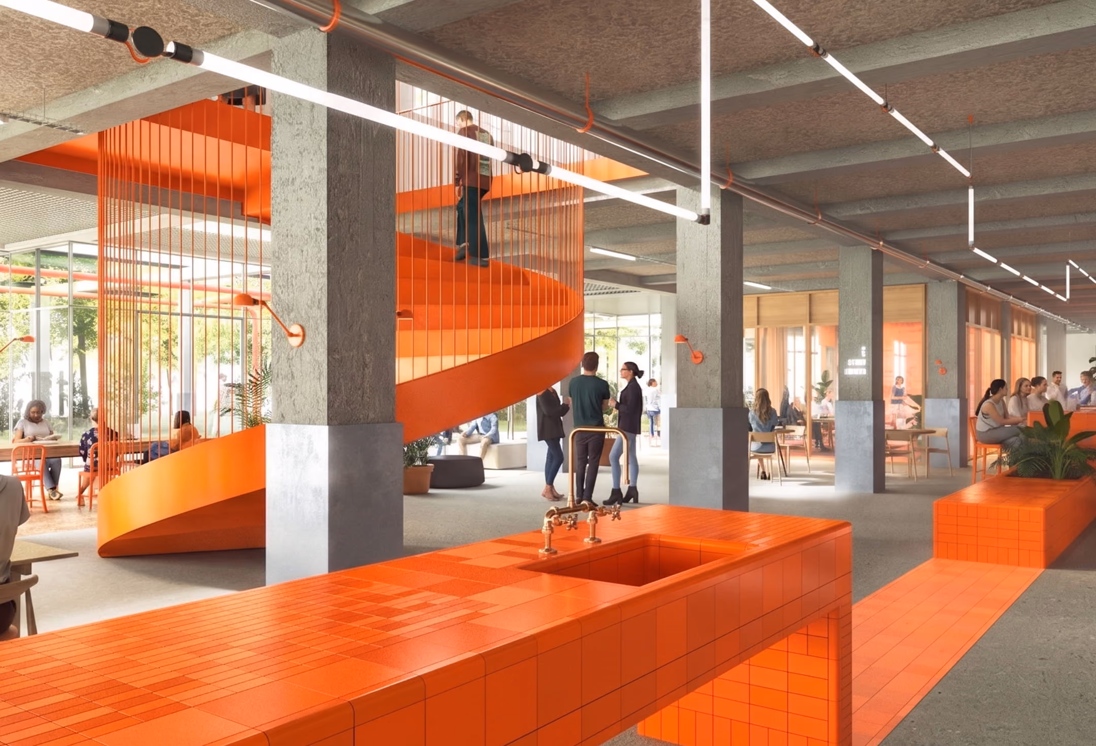 Modern office interior with orange spiral staircase, tiled counters, and people working and talking.