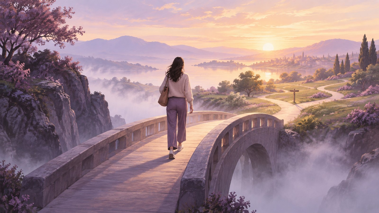 A woman walking across a stone bridge at sunrise toward a valley of winding paths
