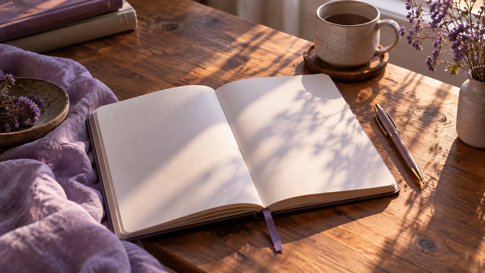 An open blank notebook and pen on a sunlit wooden desk beside a cup of tea