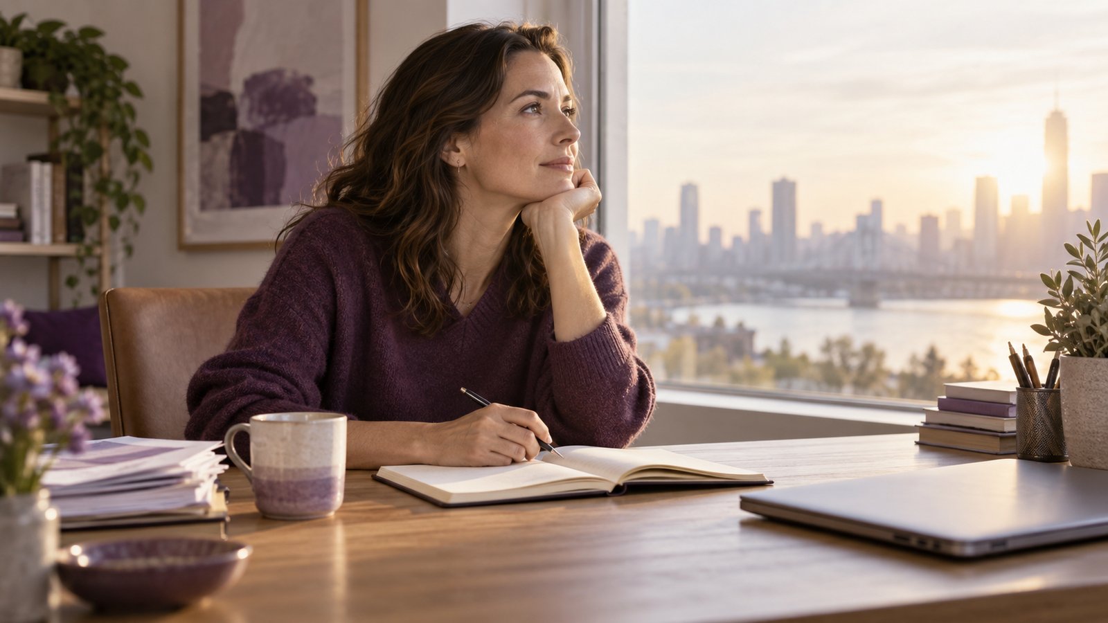 A woman pausing to think at her desk by a window overlooking a city skyline at sunrise