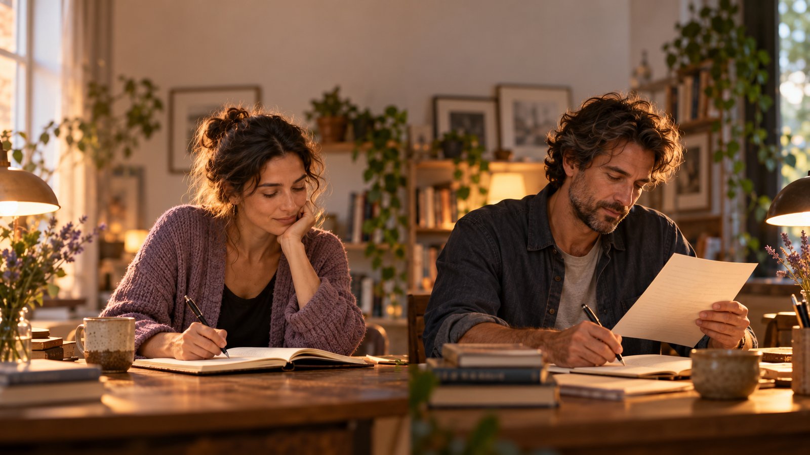 A woman writing in a journal and a man writing a letter at a shared desk