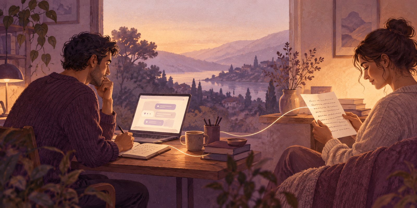 An illustrated person reflects beside a laptop while another person reads a handwritten letter, connected by a gentle line of light.