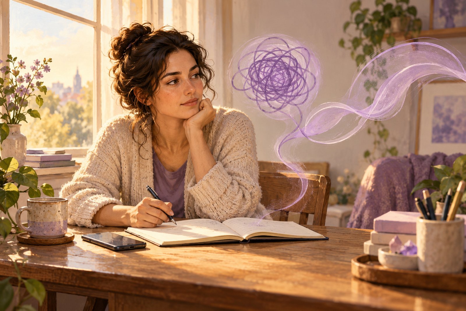 A woman pauses over an open journal beside a window as a tangled lavender line opens into a flowing ribbon.
