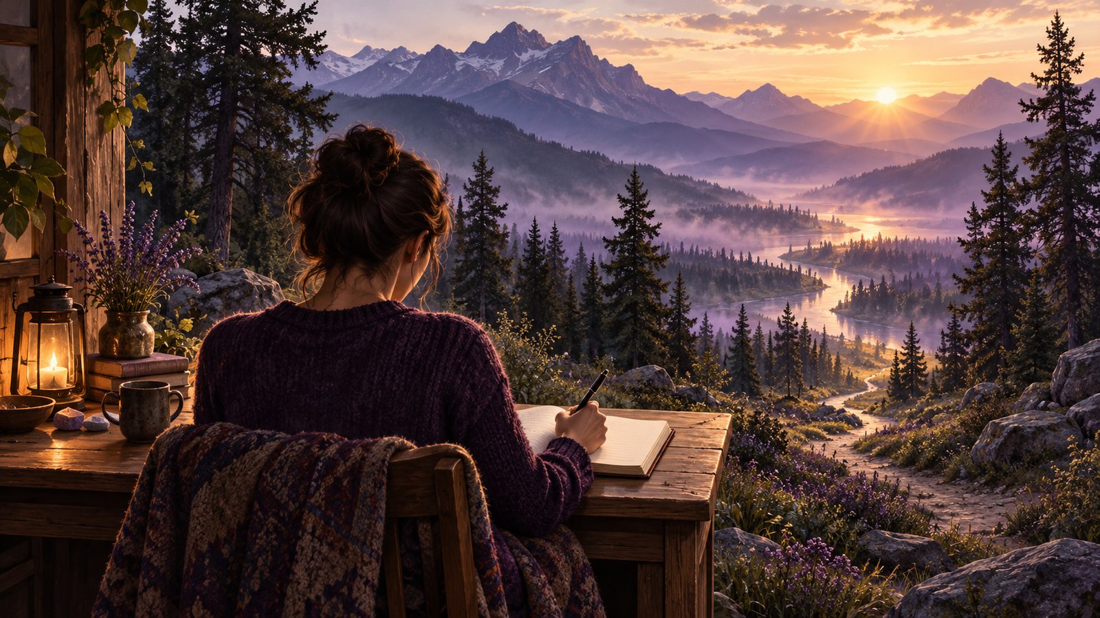 A person writes in a journal at a wooden desk overlooking a misty mountain wilderness at sunrise.