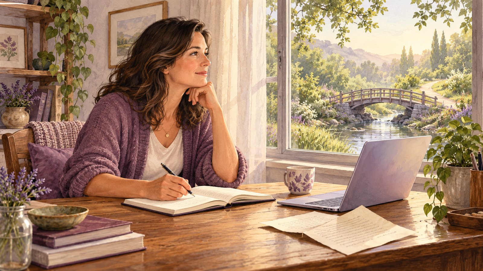 A woman reflects beside a notebook, laptop, and personal letter as a sunlit footbridge appears beyond her window.