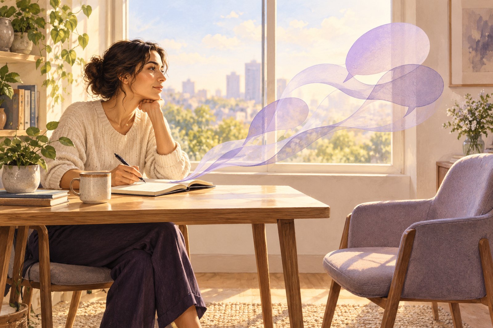 A thoughtful office worker sits with a notebook beside an empty chair, with abstract lavender shapes suggesting unspoken words.