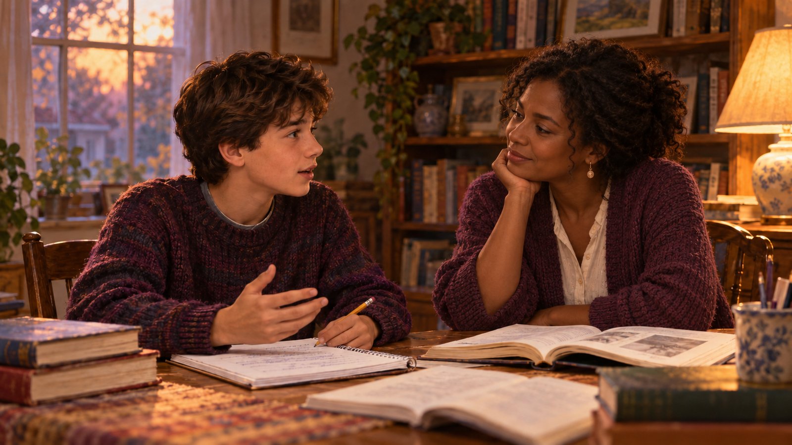 A teenage student talks across a table covered with open books while his tutor listens warmly in a lamp-lit room.