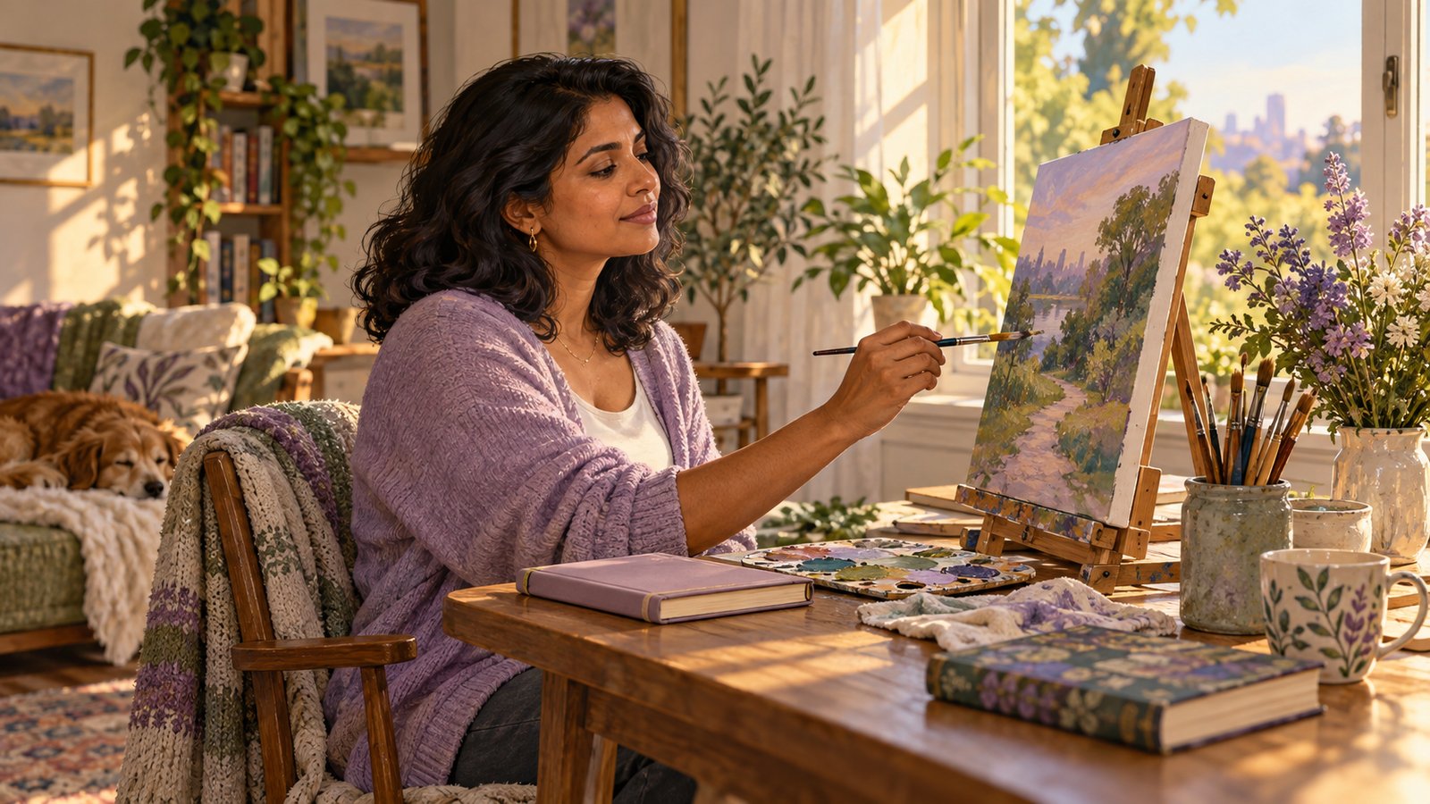 A woman painting beside a sunlit window, making time for an interest of her own.