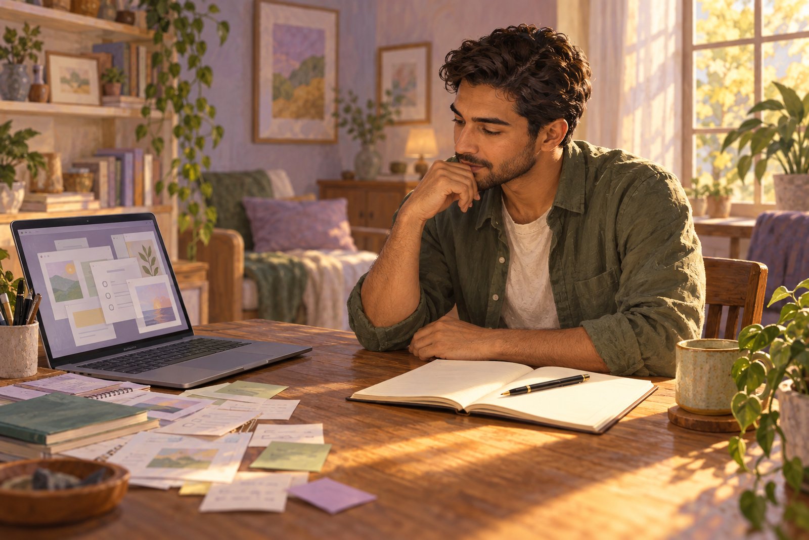 A thoughtful man sits at a desk with a laptop, scattered notes, and an open journal illuminated by afternoon sunlight.