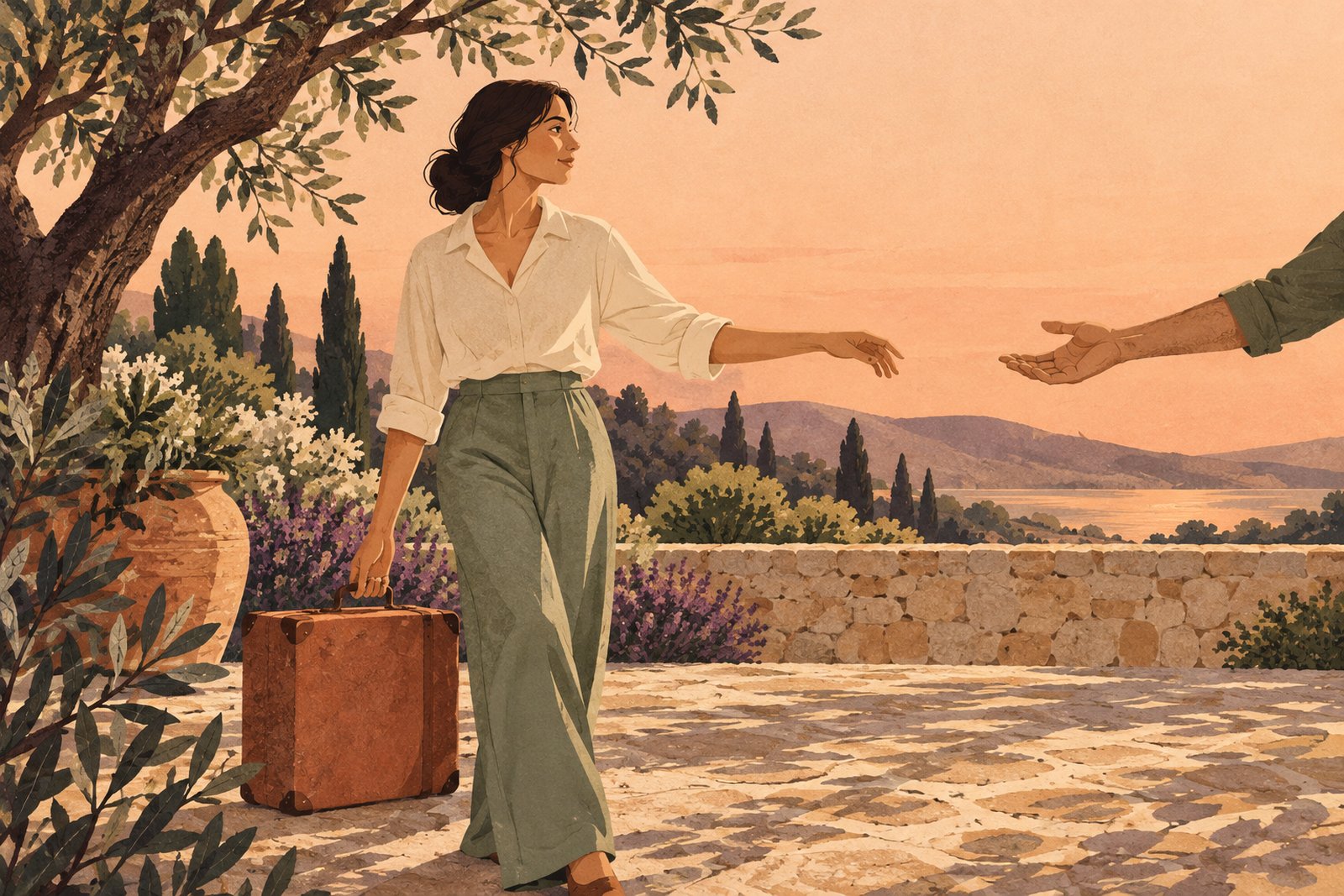A woman sets down a suitcase in a sunlit courtyard while reaching toward a loved one's hand, illustrating space for connection.