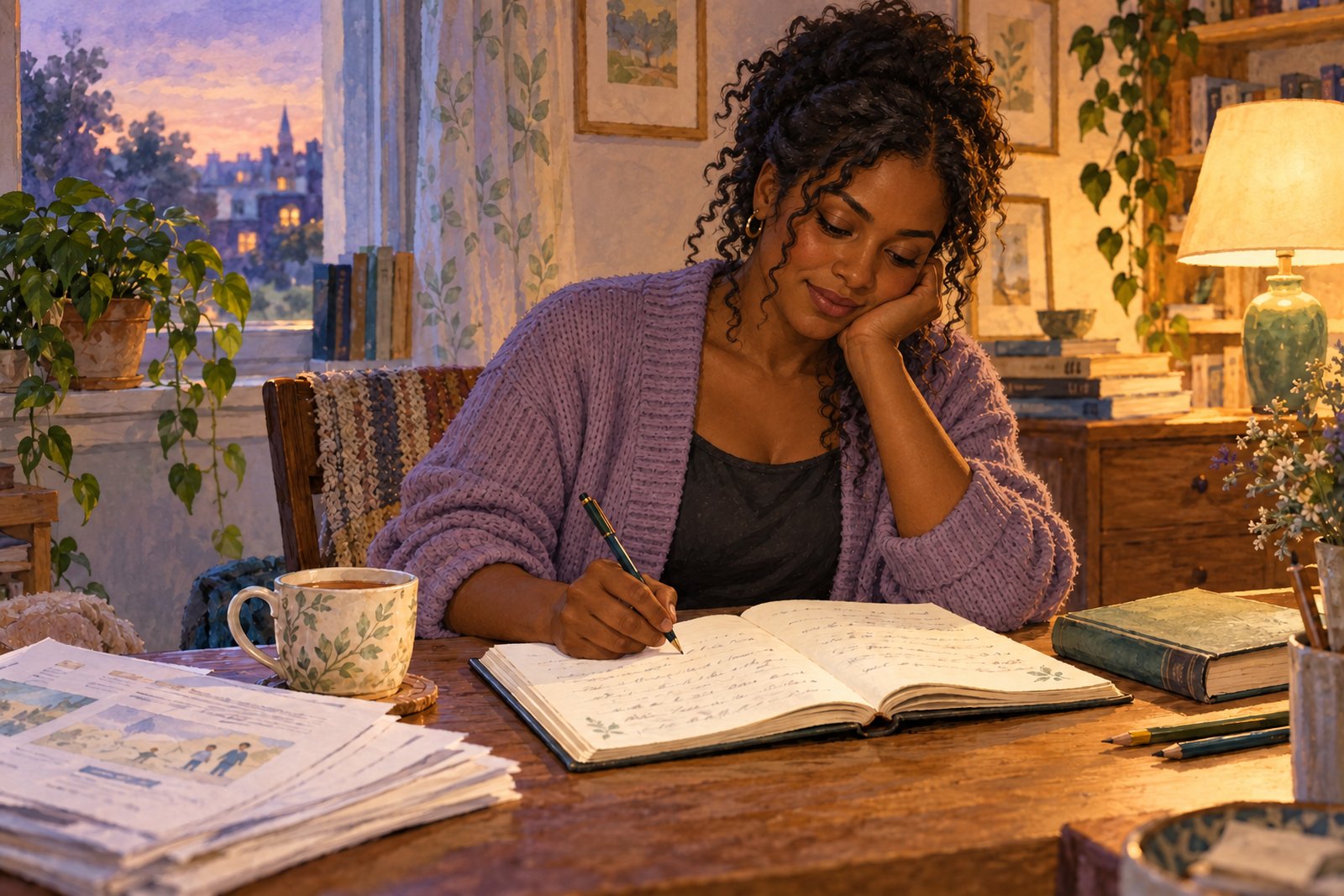 An English tutor writes in an open journal beside lesson materials at a warmly lit desk.