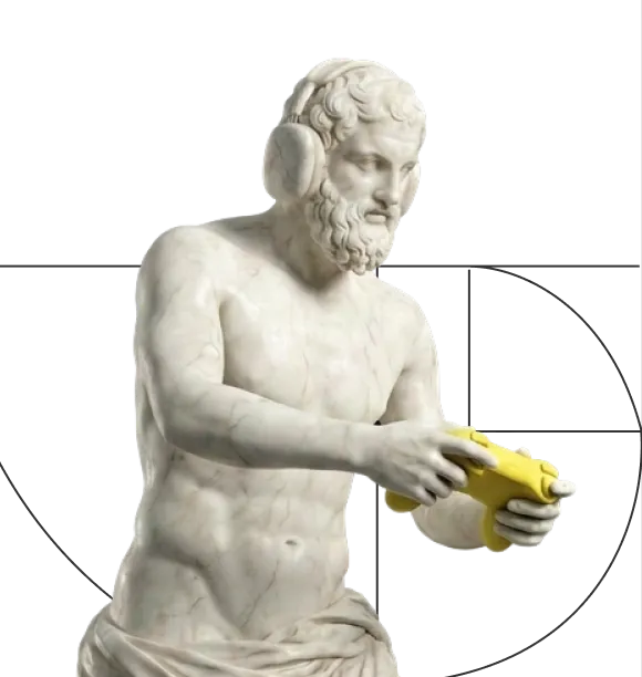 Marble statue of a bearded man wearing earmuffs and holding a yellow video game controller.