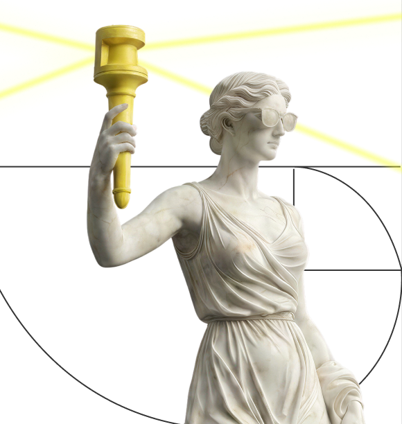 Classical statue wearing modern sunglasses holding a golden torch against a black background.