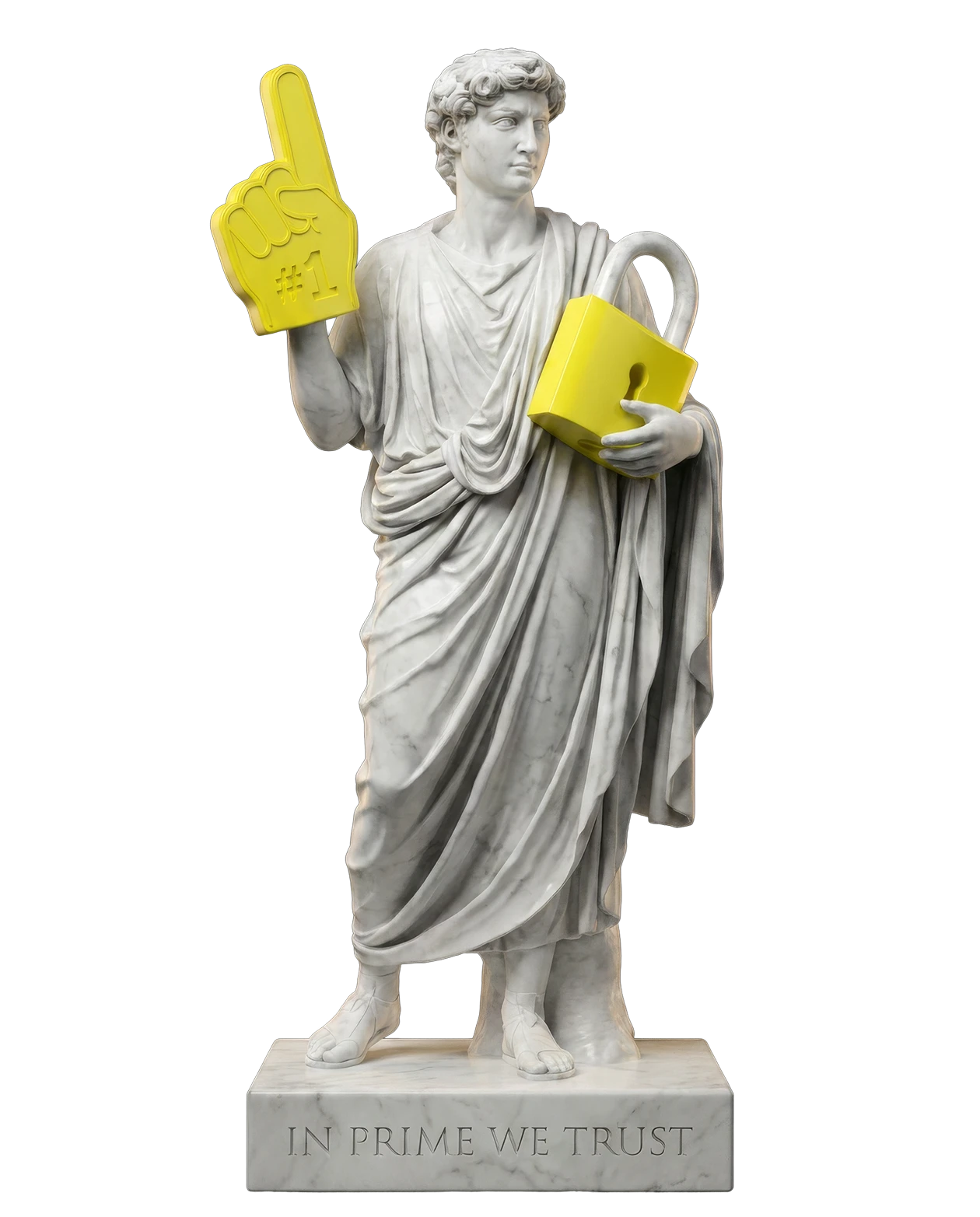 Marble statue holding a yellow #1 foam finger and a large yellow padlock with text In Prime We Trust.