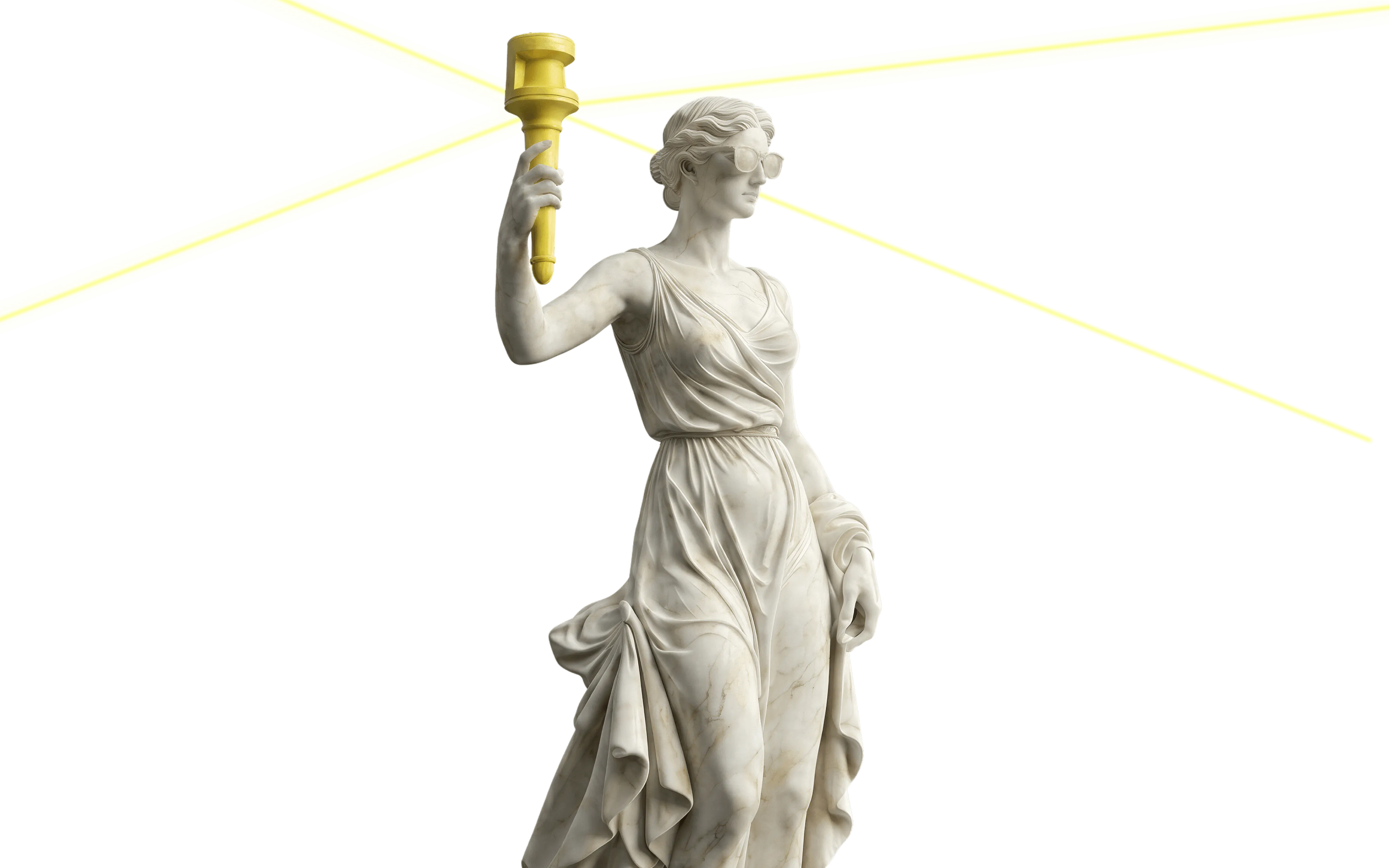 Marble statue of a woman wearing sunglasses holding a yellow torch with yellow beams in the background.