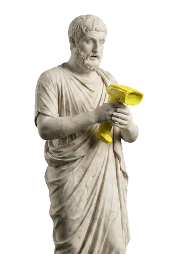 Classical marble statue of a man holding a modern yellow barcode scanner.