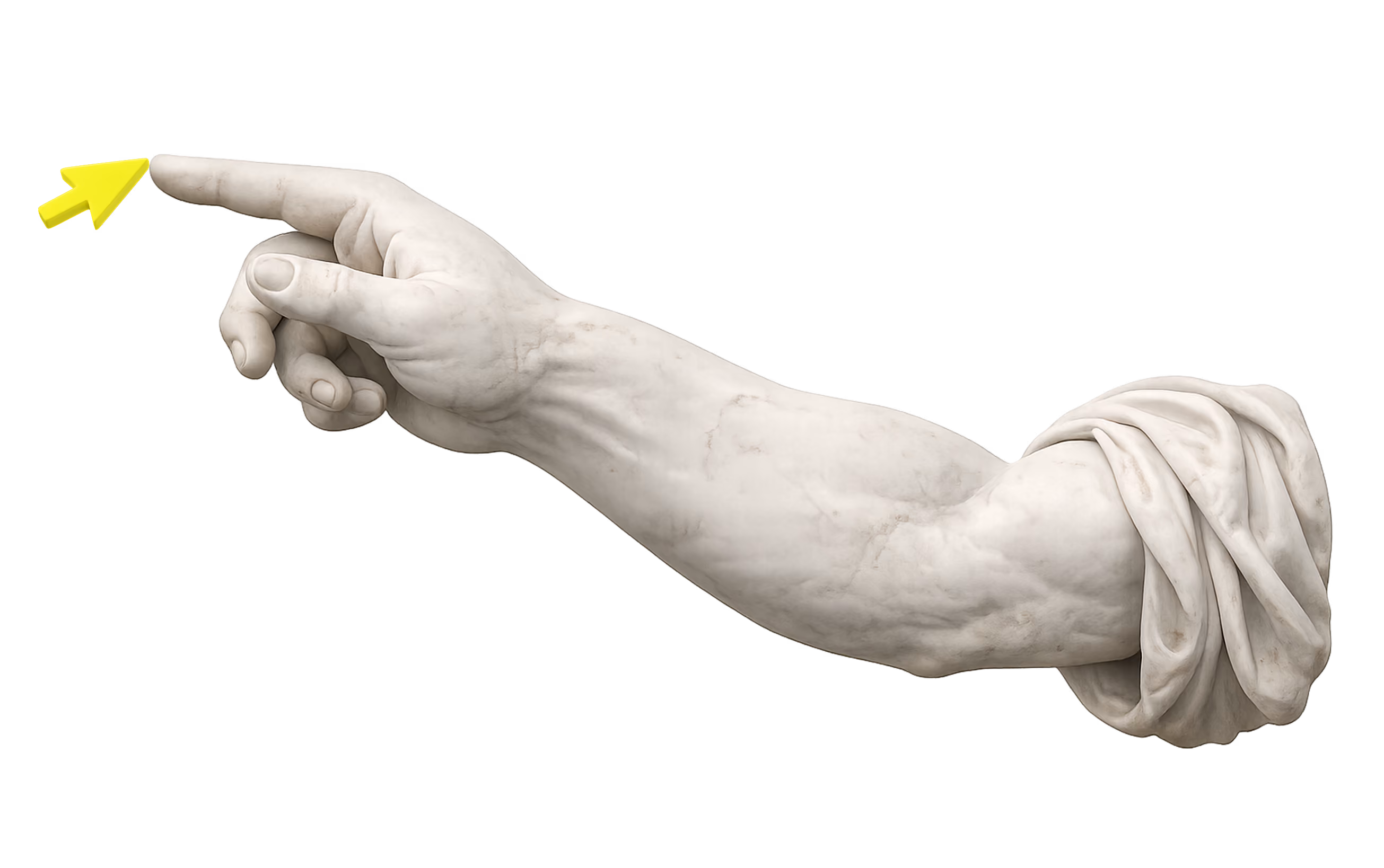 Marble sculpture of an outstretched arm and hand pointing with the index finger.