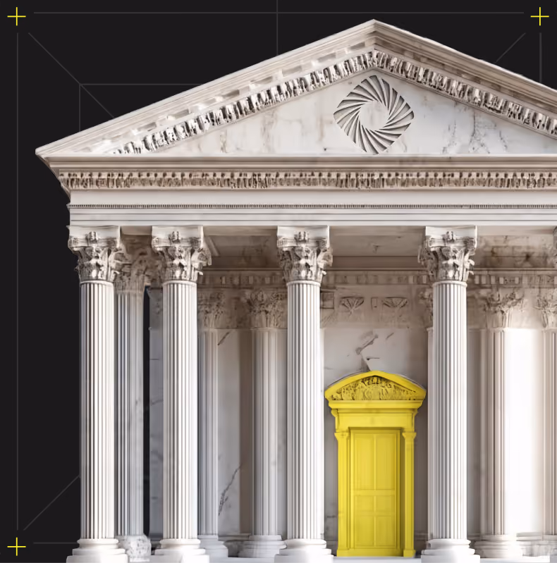 Classical marble building facade with Corinthian columns and a single yellow door in the center.