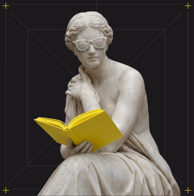 Classical marble statue of a woman wearing sunglasses and holding a bright yellow open book.
