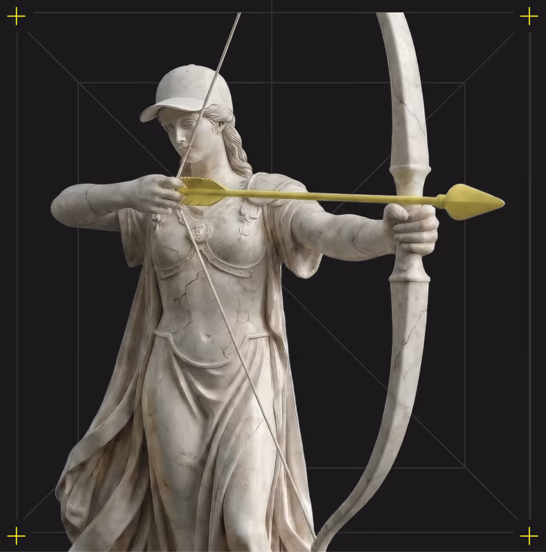 Marble statue of a female archer wearing a cap, drawing a bow with a yellow arrow.