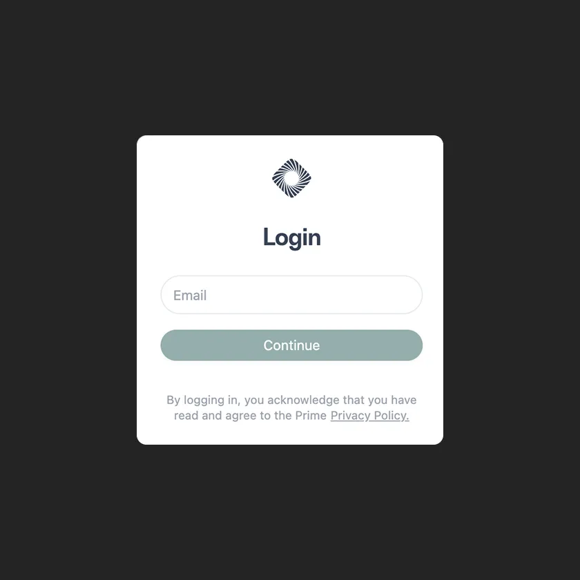 Login form with email input field, continue button, and a link to the Prime Privacy Policy.