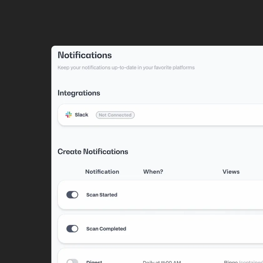 Notification settings panel showing Slack integration not connected and toggles for scan started and completed.