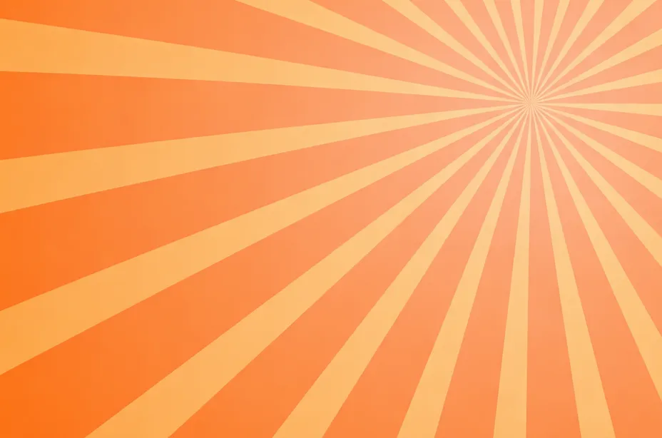 Orange background with radiant sunburst pattern spreading from the top right corner.