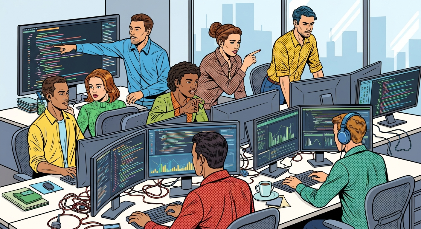 Seven diverse colleagues collaborate in a modern office with multiple monitors displaying data and code.