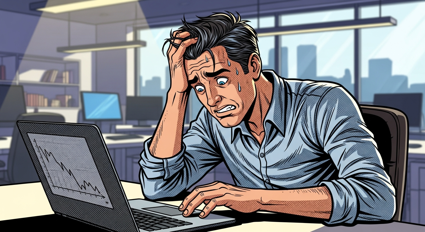 Stressed man sweating, frustrated by declining stock graph on laptop in office.