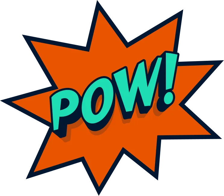 Comic-style bursting star with the word 'POW!' in bold turquoise letters on orange background.