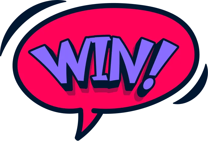Speech bubble with the word WIN! in bold purple letters on a bright pink background.